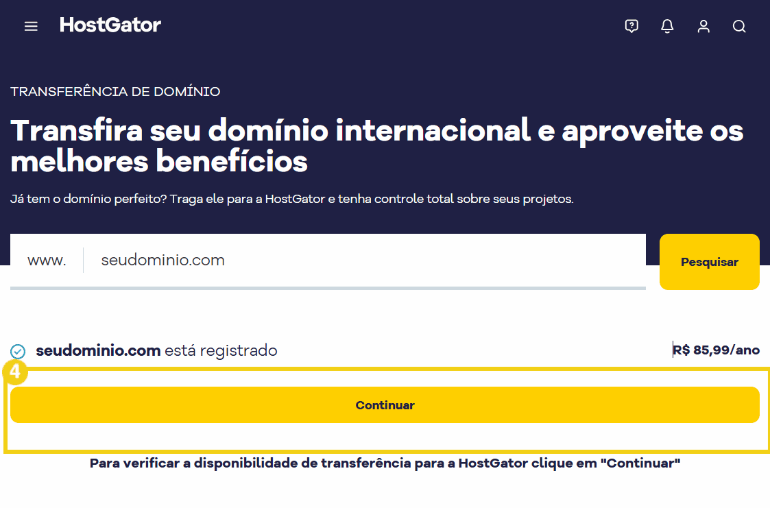Imagem de uma página do HostGator promovendo transferência administrativa de domínio internacional