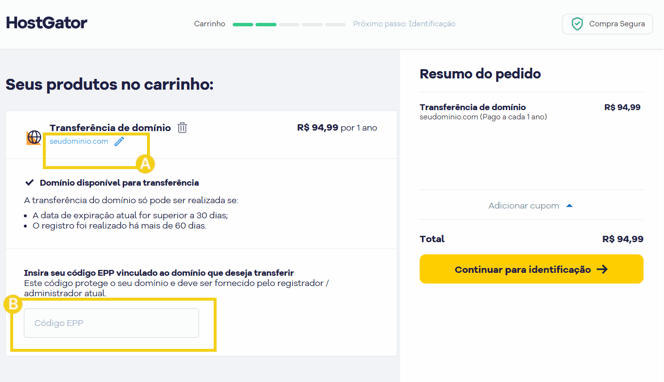 Tela de configuração de transferência de domínio no HostGator, mostrando o campo para inserir o código EPP vinculado ao domínio