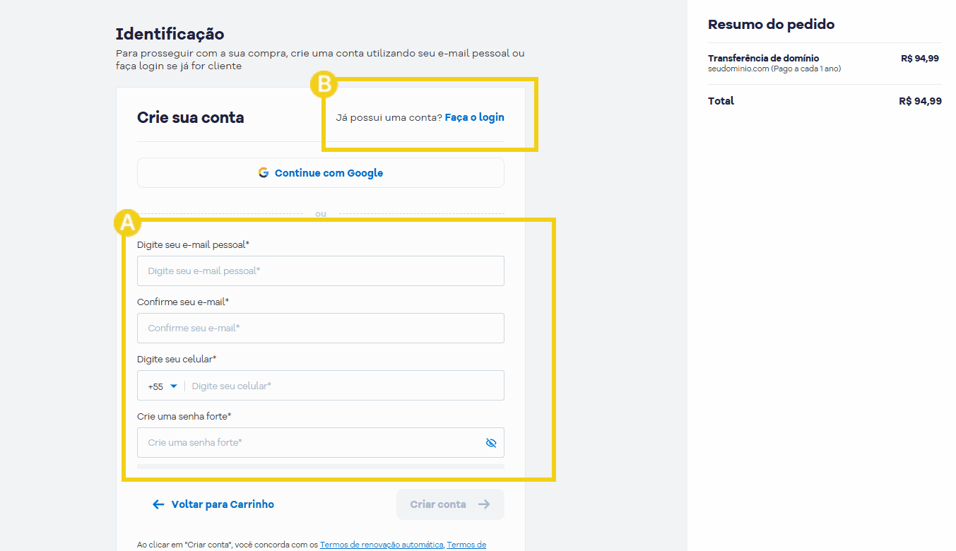 Imagem mostrando passo a passo de como criar ou acessar uma conta na HostGator para transferência de domínio, incluindo campos para e-mail, confirmação de e-mail, telefone e criação de senha