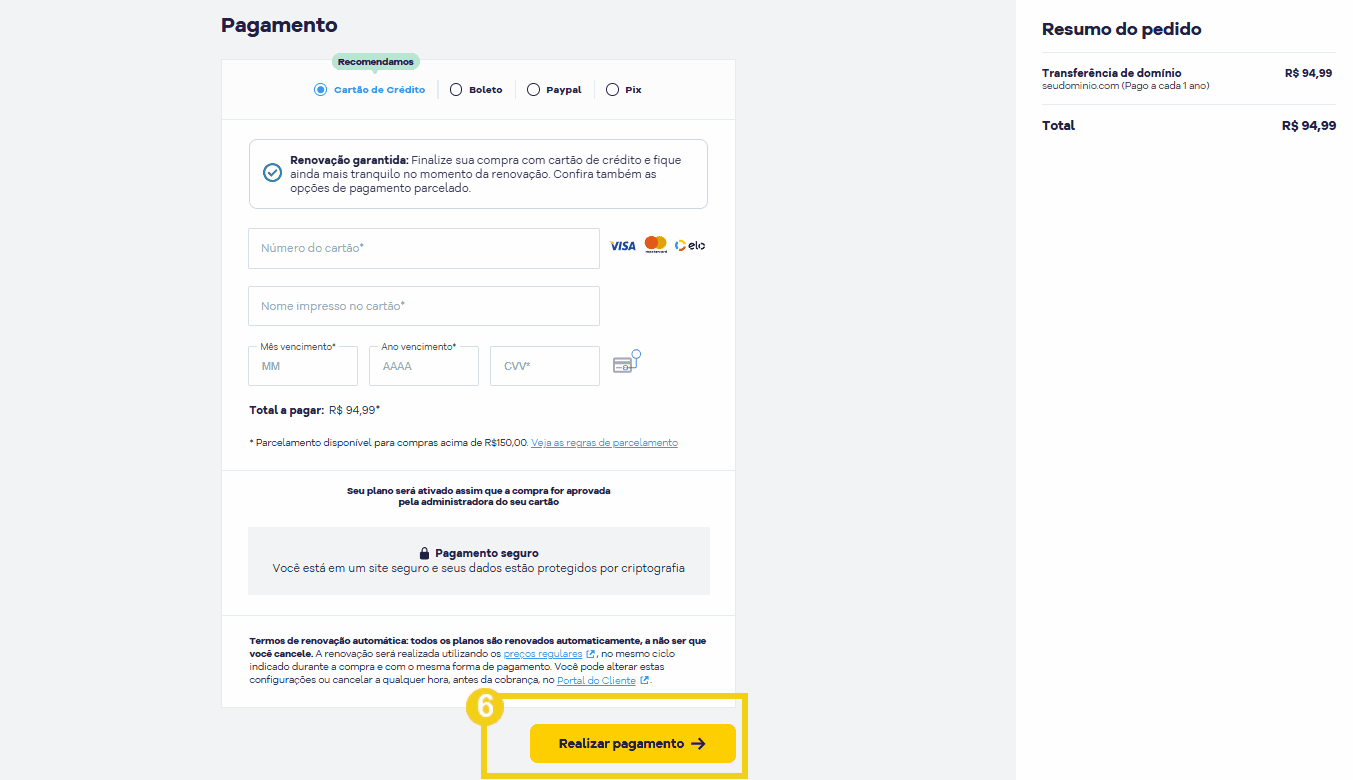 Tela de pagamento online para transferência de um domínio, destacando opções de cartão de crédito, boleto, Paypal e Pix, com botão de realizar pagamento em destaque