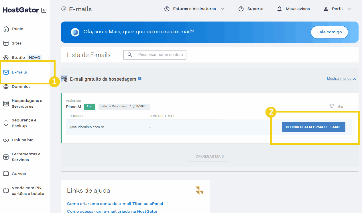 Tela da plataforma HostGator exibindo a aba de e-mail com destaque para o botão de “Definir plataforma de e-mail"
