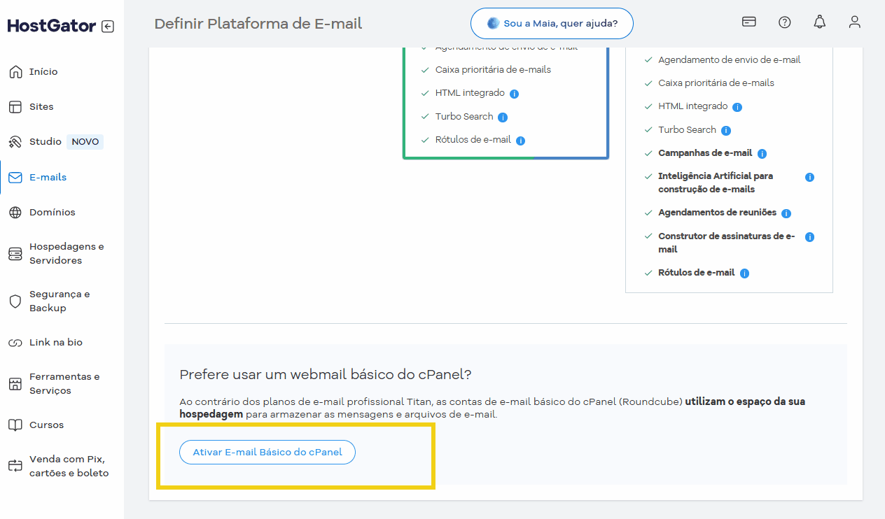 Tela de configuração de plataforma de e-mail no cPanel, mostrando opções para ativar o webmail