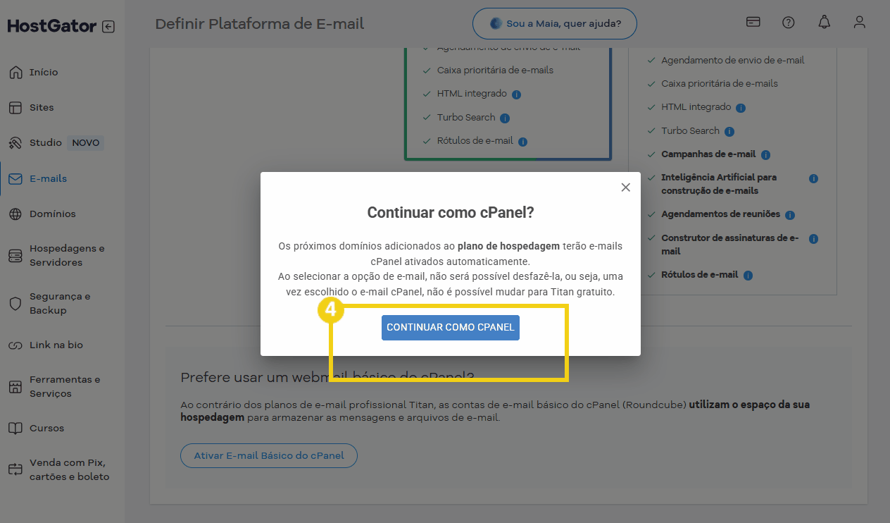 Tela de configuração do cPanel mostrando a opção de continuar com o processo de criação de e-mail, destacando o botão “Continuar como cPanel” 