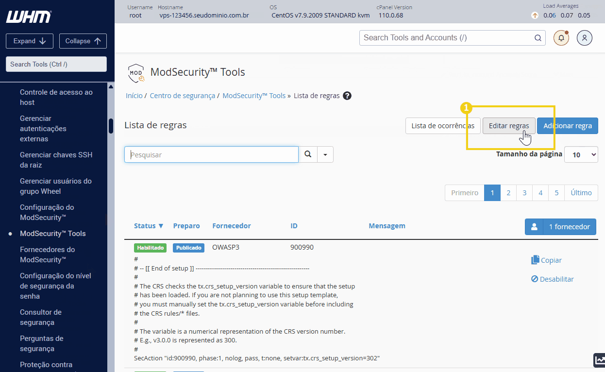 tela do whm destacando no modsecurity tools a parte de editar regras