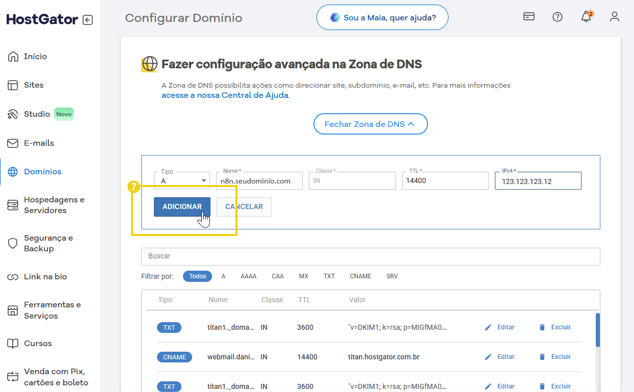 imagem do portal na parte de zona de dns, destacando o botão de adicionar