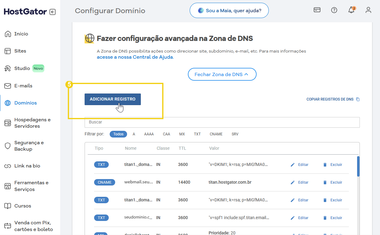 Imagem ilustrativa do painel de configuração avançada na zona de DNS do HostGator, mostrando a opção de adicionar novo registro de DNS para gerenciamento de domínios.