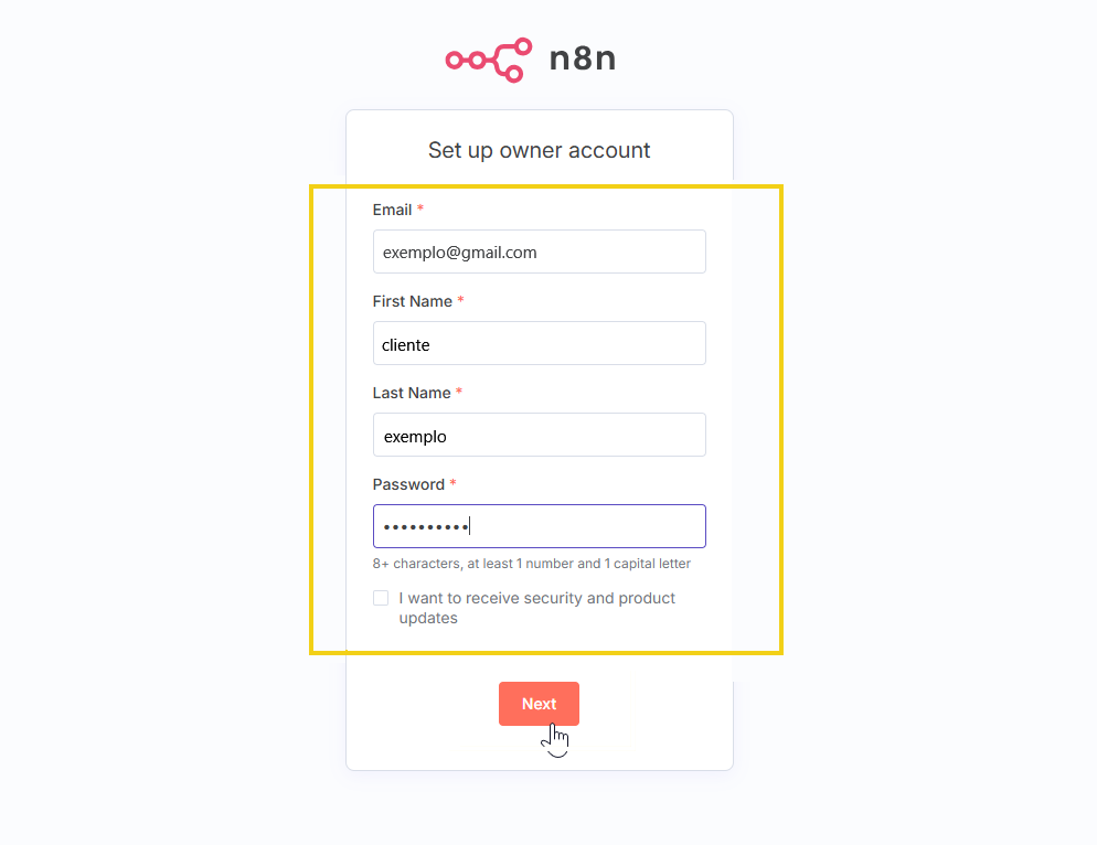 Tela de cadastro de conta em plataforma digital, com campos para email, nome, sobrenome, senha e botão 'Next', destacado em vermelho.