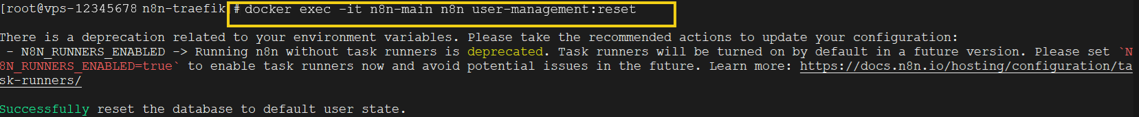 Imagem de um terminal de comando exibindo um comando Docker para redefinir o gerenciamento de usuários com sucesso.