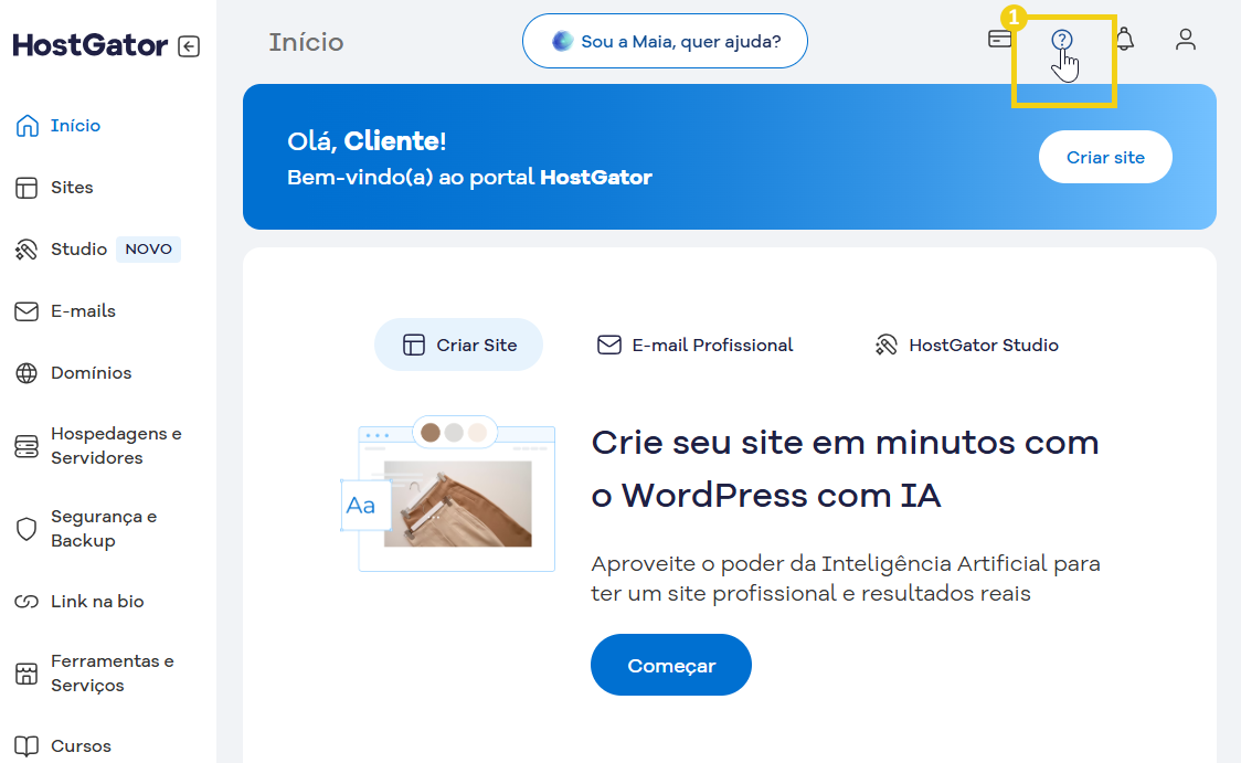 Imagem do Portal do Cliente com a marcação no ícone com ponto de interrogação, onde deve ser feito o clique