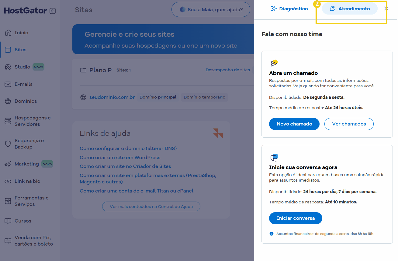 Tela da plataforma HostGator mostrando opções de suporte, diagnóstico, atendimento e gerenciamento de sites.