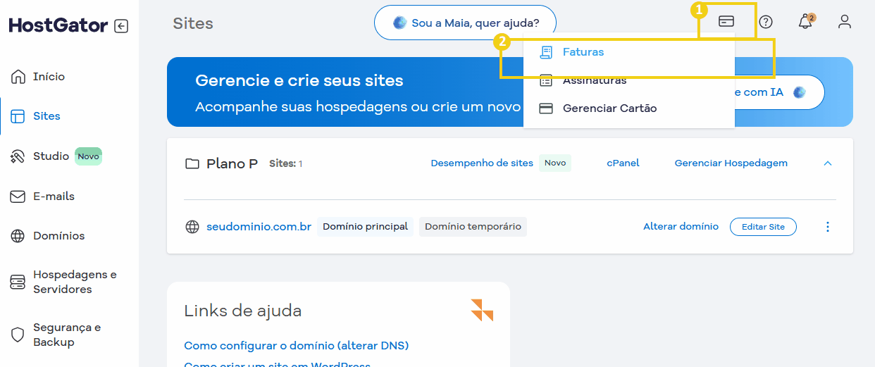 Tela do painel de controle do HostGator mostrando gerenciamento de sites destacando na barra superior o ícone de faturamento