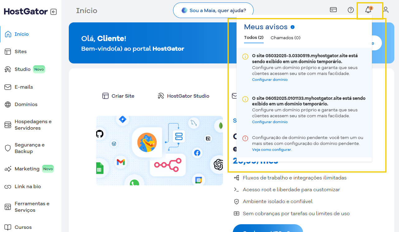 Tela de painel do HostGator mostrando avisos e configurações de domínio, com foco nos avisos da conta