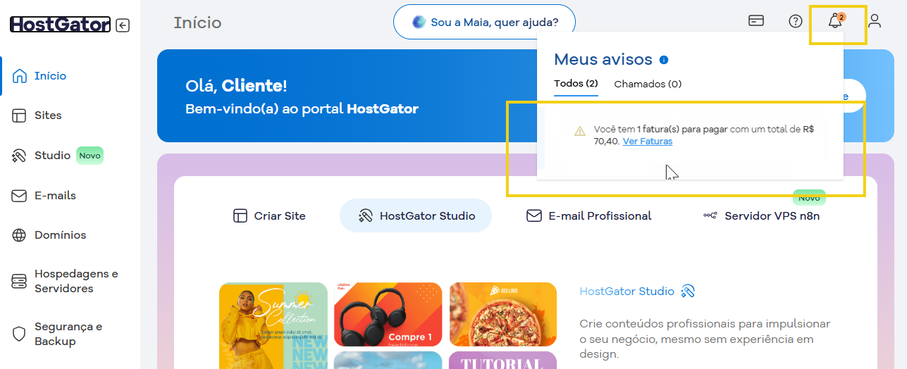 imagem do portal mostrando o aviso de faturas pendentes