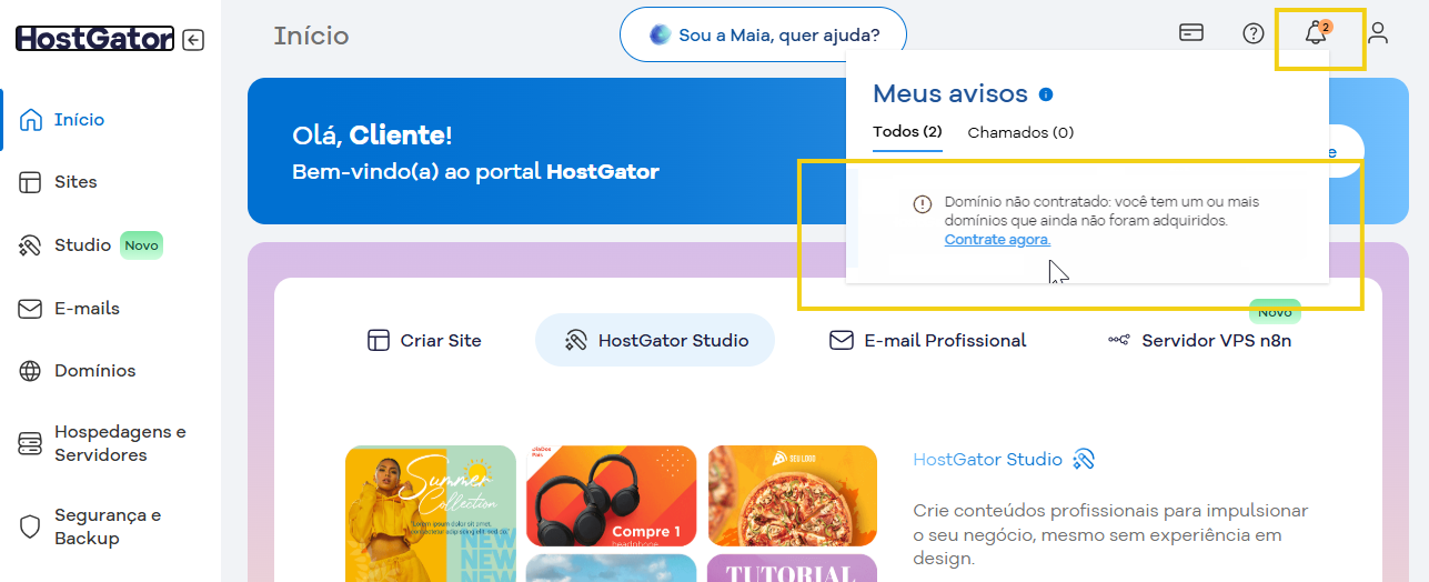 imagem do portal mostrando o aviso de dominio não contratado