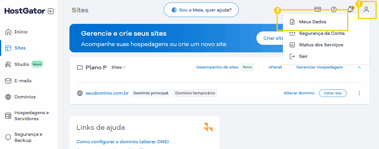 Tela de gerenciamento de sites na plataforma HostGator, mostrando opções de criação, segurança e gerenciamento de domínios para hosting profissional
