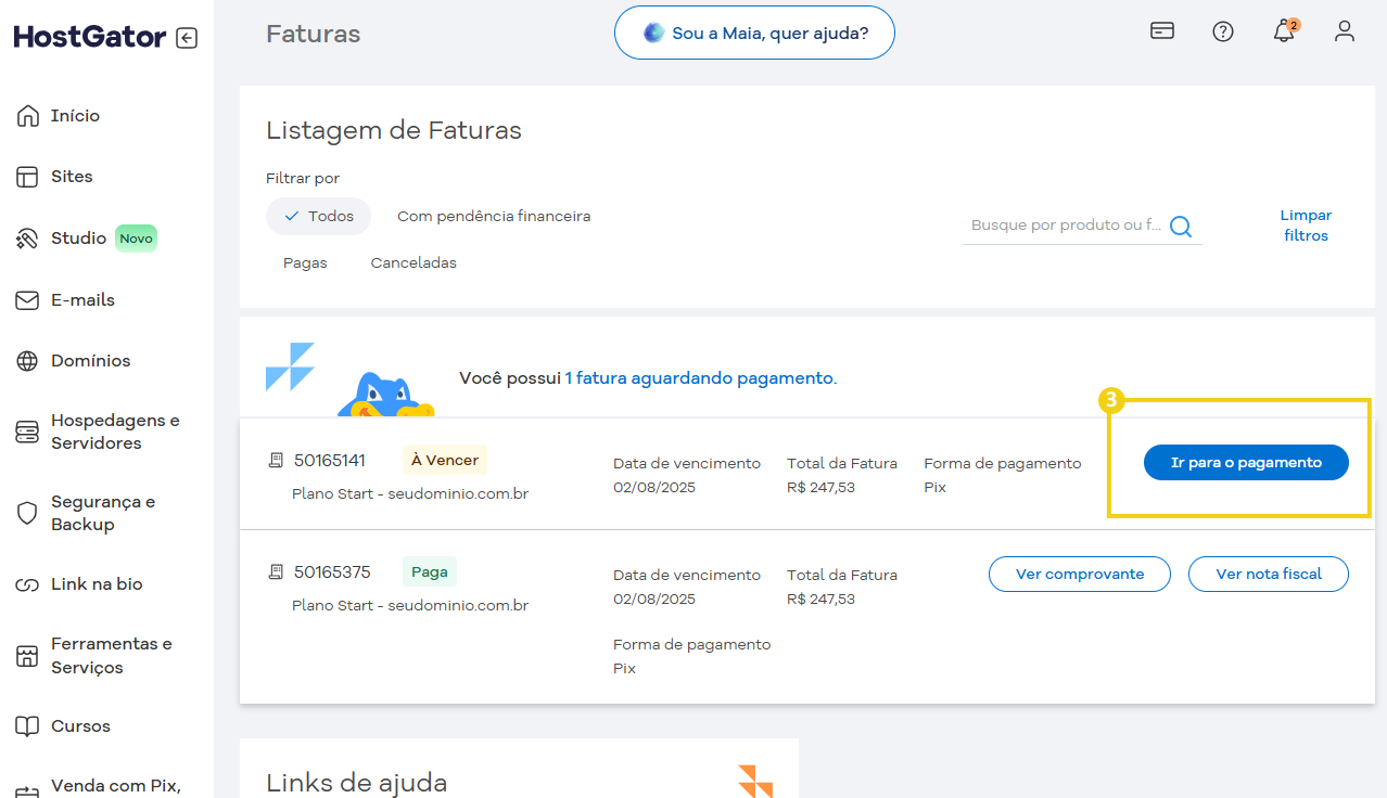 Tela de listagem de faturas no painel do HostGator com detalhes de pagamento, vencimento e opções de pagamento disponíveis.
