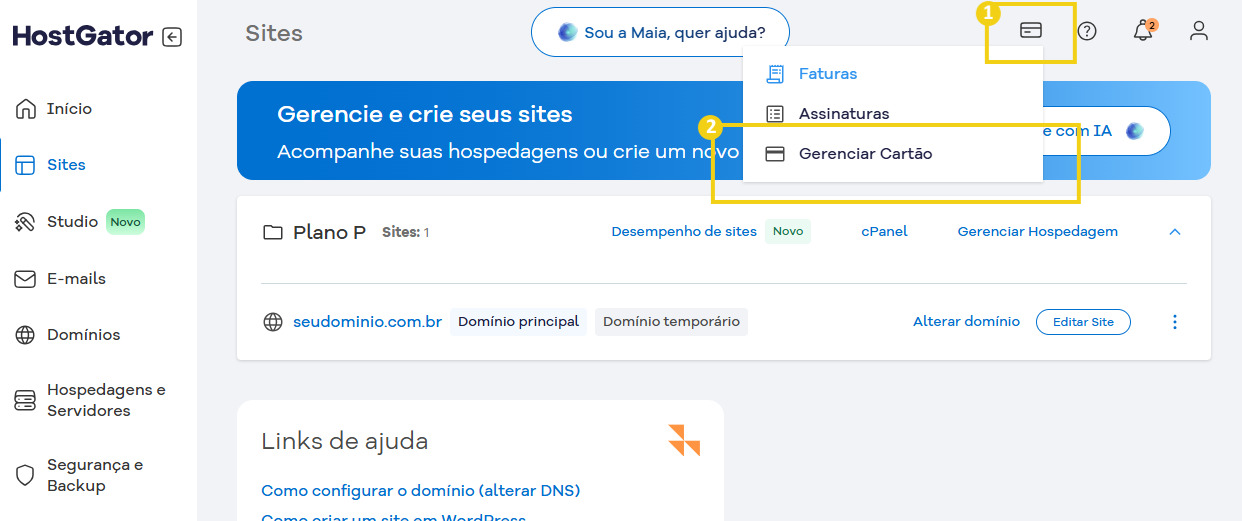 Imagem que mostra a interface do painel de controle do HostGator, destacando no menu superior o ícone de cartão e a seção gerenciar cartão