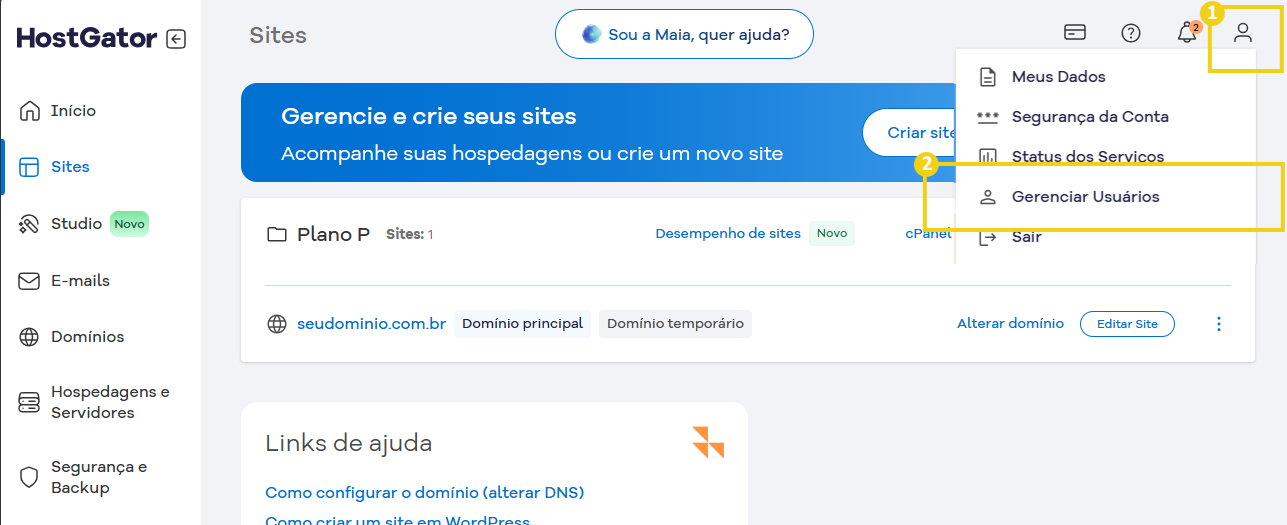 imagen ilustrativa del portal del cliente, destacando no menu superior o ícone de perfil e a seção gerenciar usuários