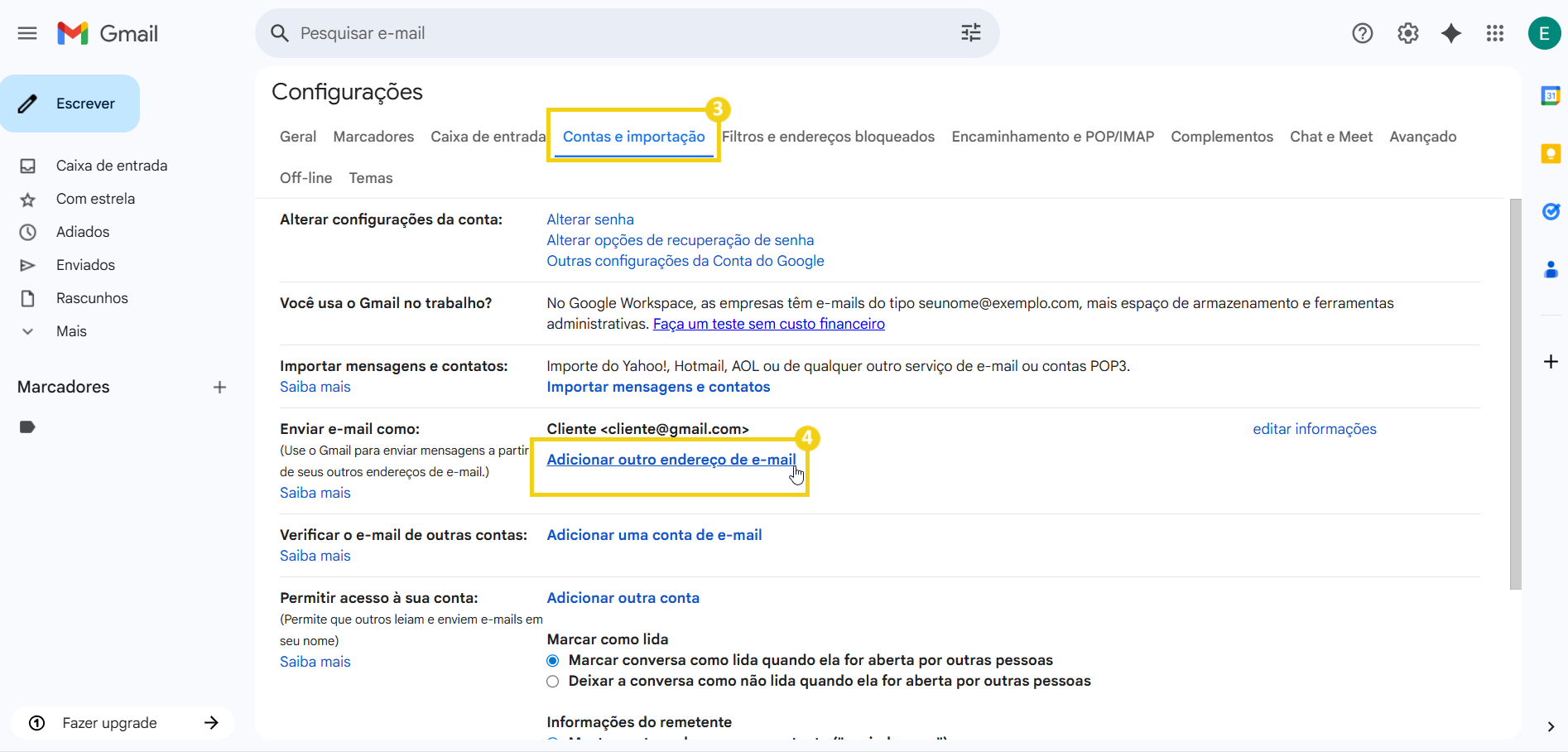 Imagem mostrando configurações de contas e importação de e-mails no Gmail, com destaque na opção de adicionar outro endereço de e-mail.