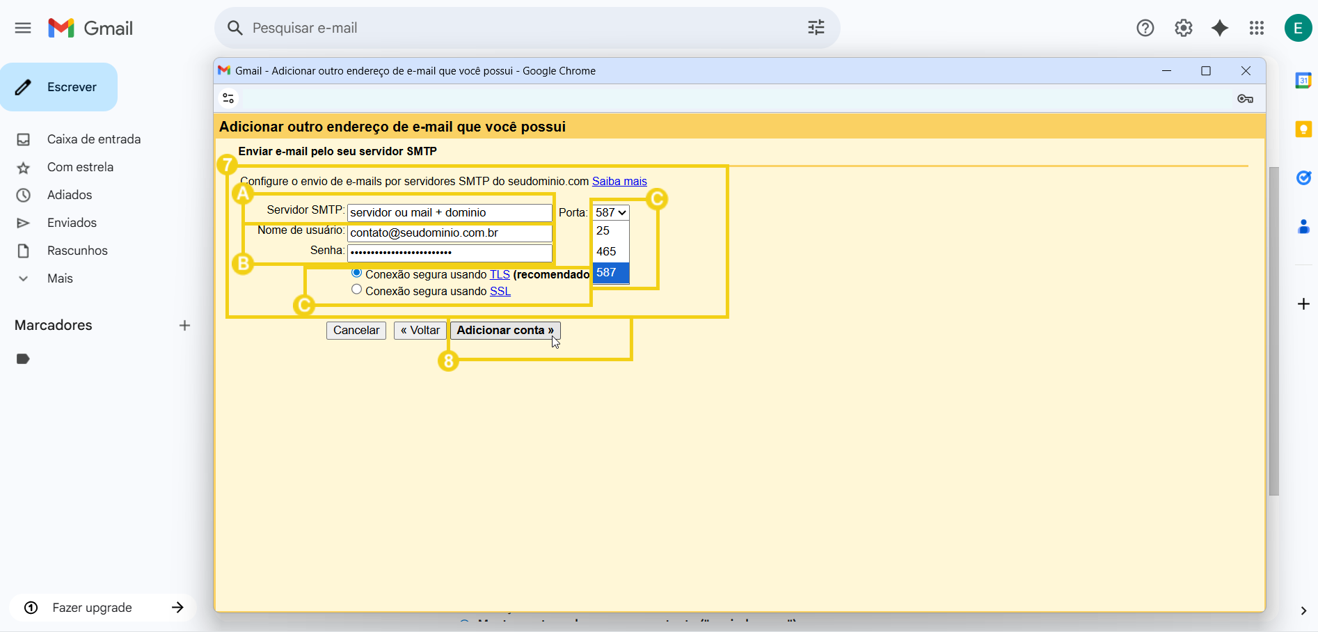 Imagem mostrando configuração de envio de e-mails em um servidor SMTP, com detalhes sobre domínio, porta e conexão segura, passo a passo.