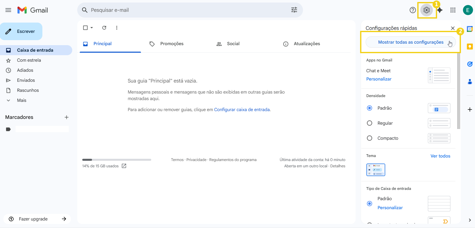 Captura de tela da configuração da caixa de entrada do Gmail, mostrando opções de configurações rápidas e menu de configurações.