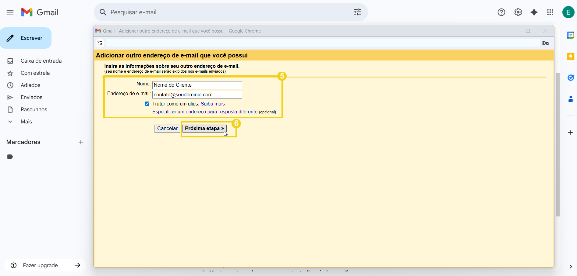 Imagem ilustrativa de um processo de adicionar um novo endereço de e-mail em uma plataforma de e-mail, mostrando campos de nome, endereço de e-mail e botões de avançar. Ideal para quem busca dicas de como gerenciar endereços de e-mail no Gmail. 