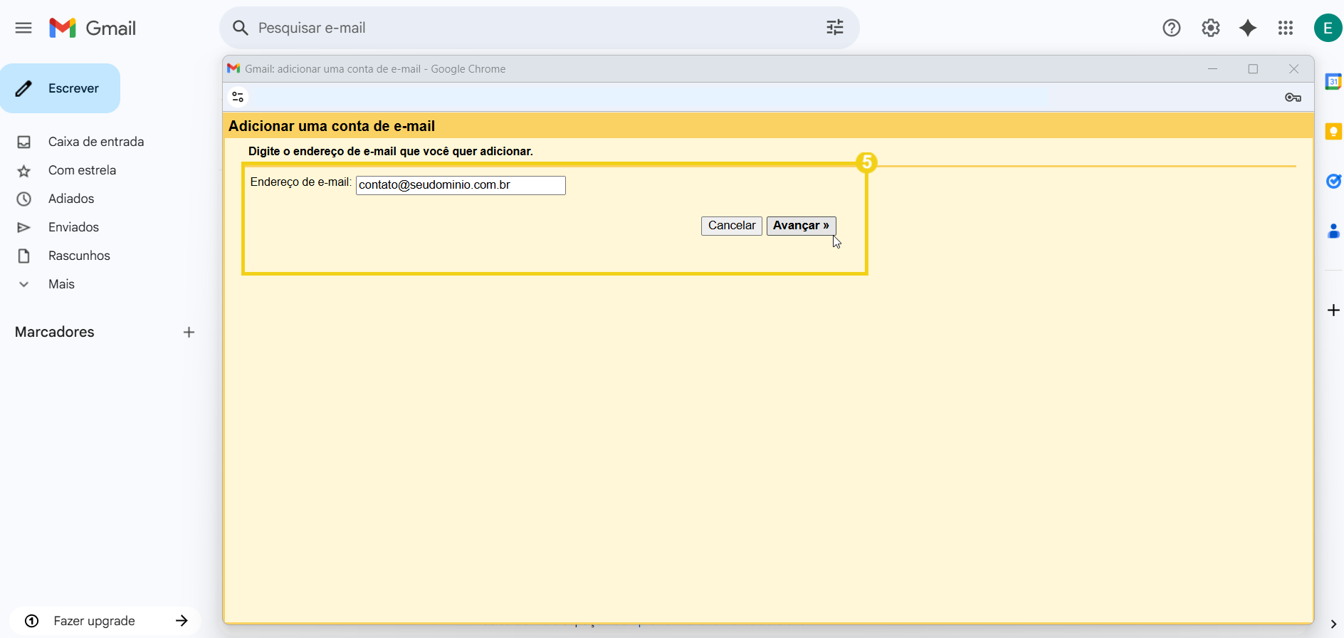 Imagem ensinando como adicionar um endereço de e-mail na caixa de entrada do Gmail, com destaque na interface do Google Chrome.