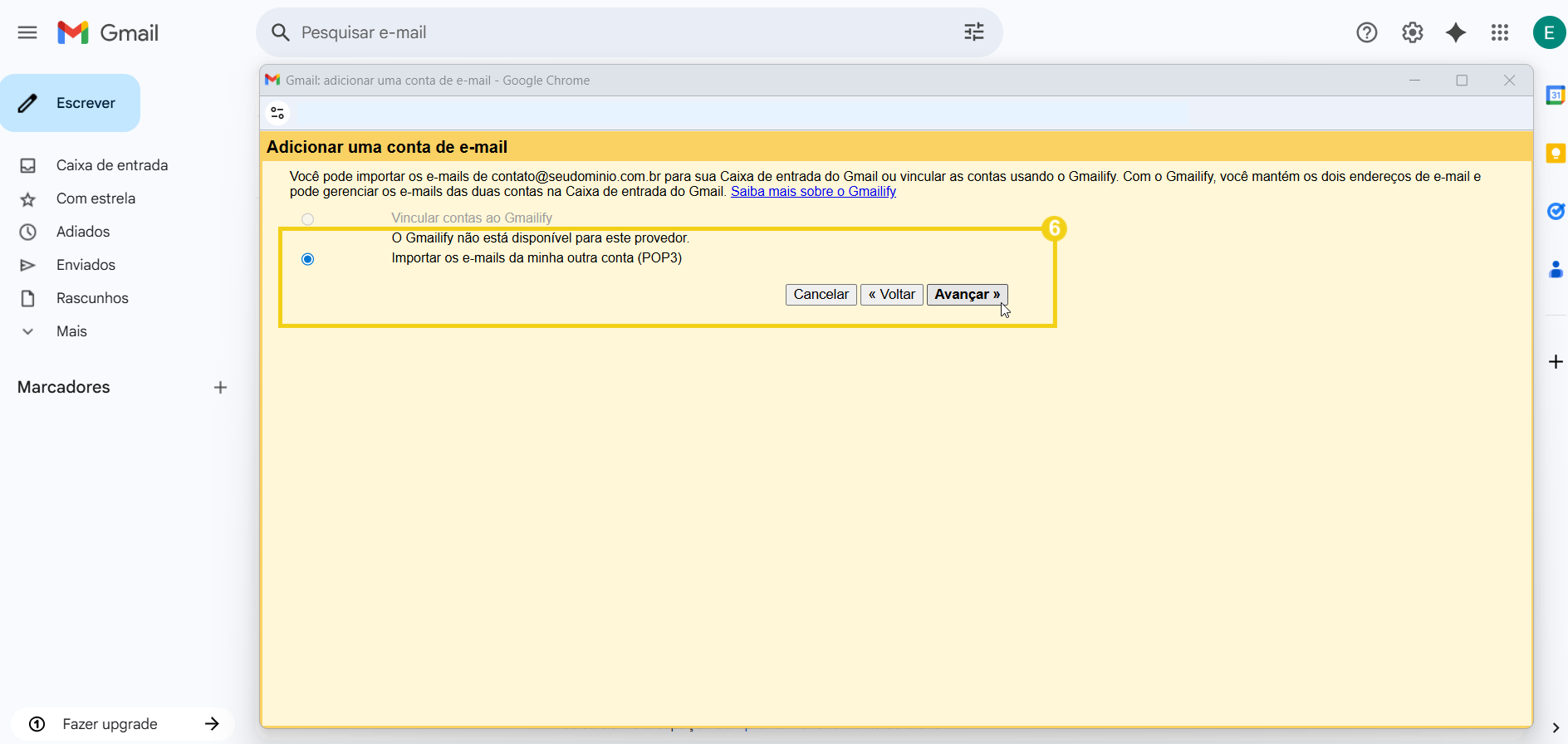 Tela de configuração do Gmail para importar uma conta de email, explicando o processo de vinculação de contas usando o Gmail.