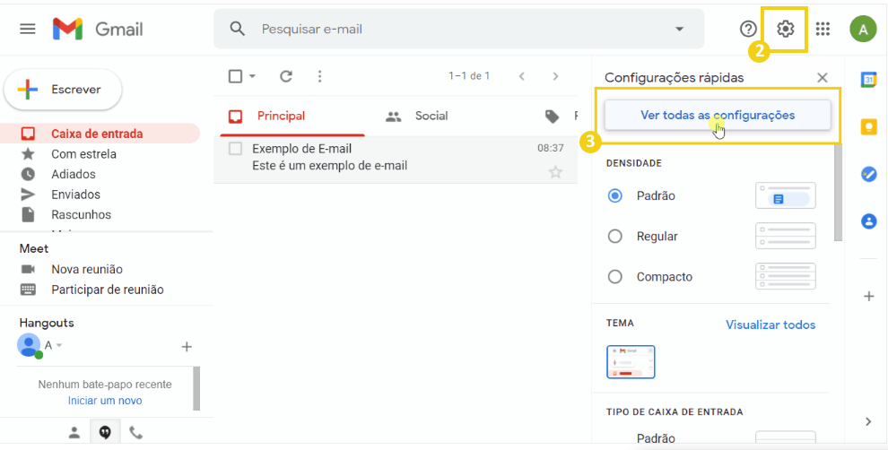 Imagem da tela de configurações rápidas no Gmail com destaque na opção 'Ver todas as configurações' e ícones de recursos na interface.