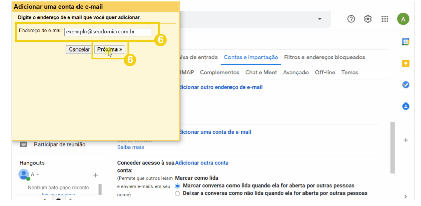 Imagem mostrando passos para adicionar uma conta de e-mail no Gmail, destacado o campo de digitação do endereço de e-mail e o botão 'Próxima'.
