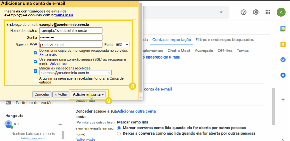 Imagem mostrando o processo de adição de uma conta de e-mail no Gmail, incluindo configurações de servidor e opções de mensagem.