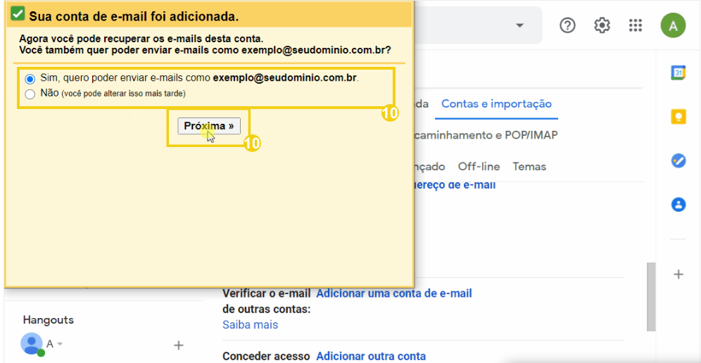 Tela de confirmação de adição de conta de e-mail no Gmail, destacando a opção de enviar e-mails como exemplo@seudominio.com.br