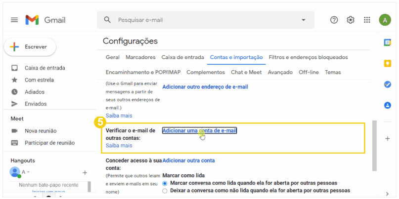 Tela de configurações de conta de e-mail no Gmail, destacando a opção 'Adicionar uma conta de e-mail' para gerenciamento de múltiplas contas.