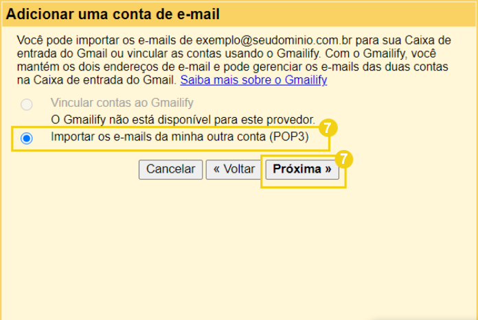 Tela de configuração para importar e-mails de uma conta externa no Gmail, com opções de importação de e-mails e botões de navegação.