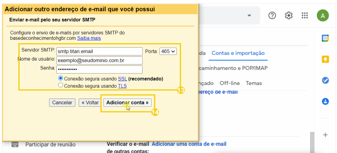 Configuração para adicionar outro endereço de e-mail na conta do Gmail, destacando campos para servidor SMTP, nome de usuário e senha, com opção SSL e botão 'Adicionar conta'.