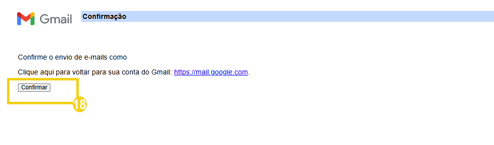 Tela de confirmação de envio de e-mail no Gmail, mostrando botão 'Confirmar' destacado na tela.
