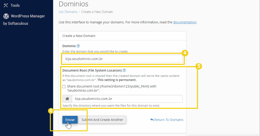 Imagem da tela do cPanel com as marcações onde devem ser feitas as configurações