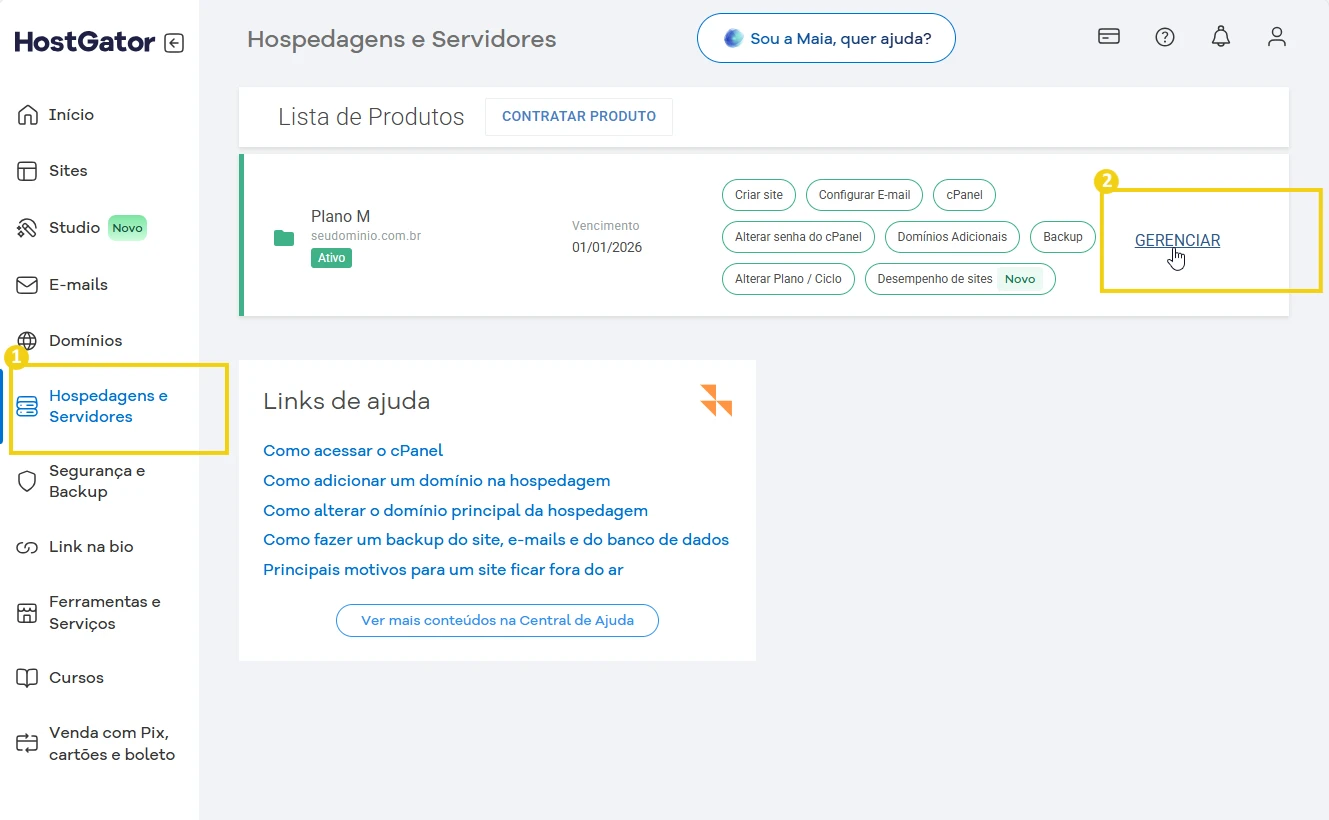Tela de painel de hospedagem com opção de gerenciamento de servidores, destacando o menu de hospedagens e servidores no painel de controle do HostGator.