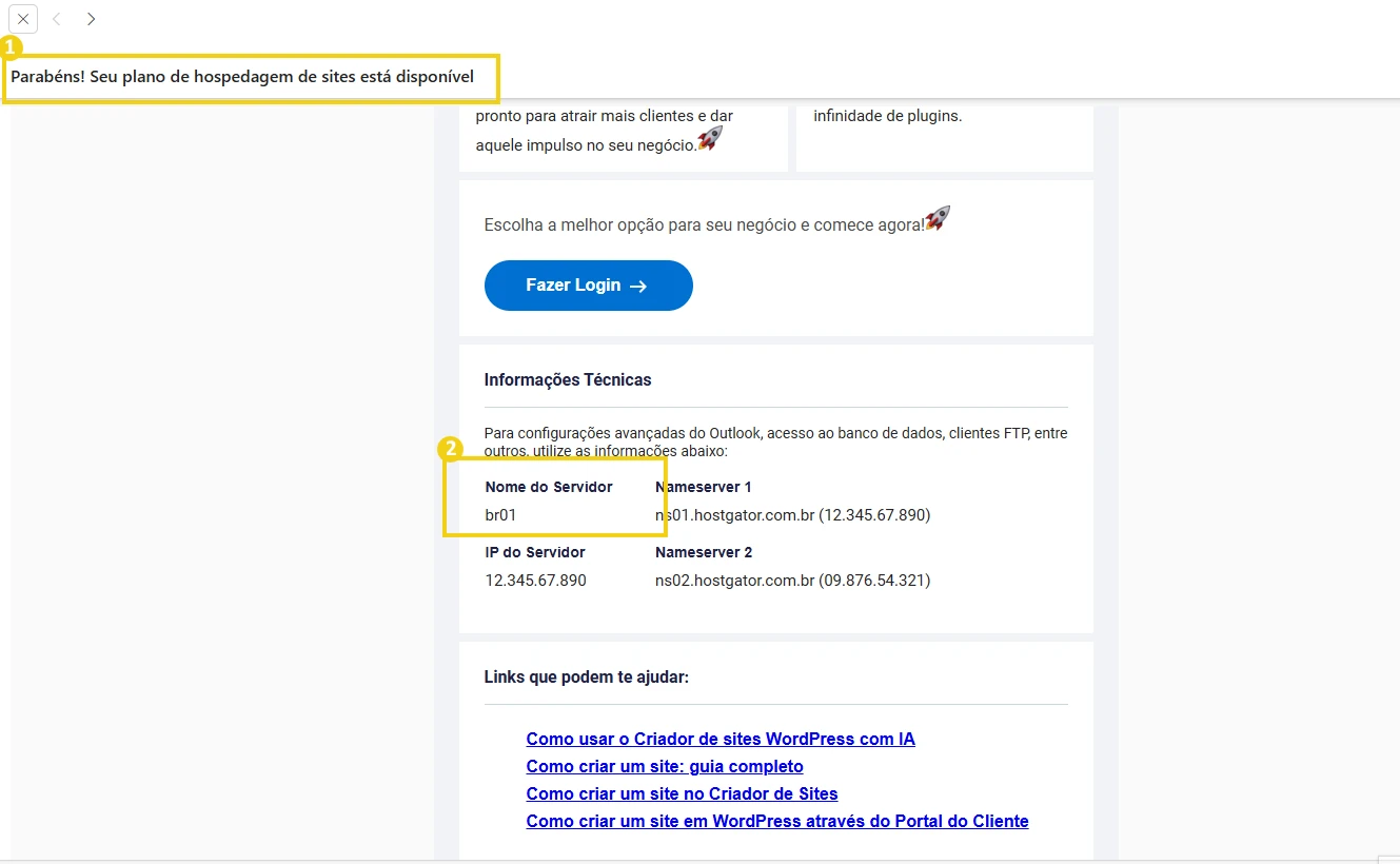 Imagem de e-mail de boas-vindas do plano de hospedagem de sites, exibindo informações como nome do servidor e IP, com destaque para título do e-mail e informação de nome do servidor.