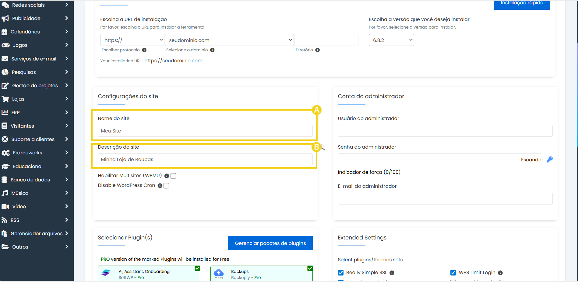 Imagem de painel de configuração de site no WordPress, mostrando campos para nome e descrição do site, além de configurações de plugins e opções de administração.