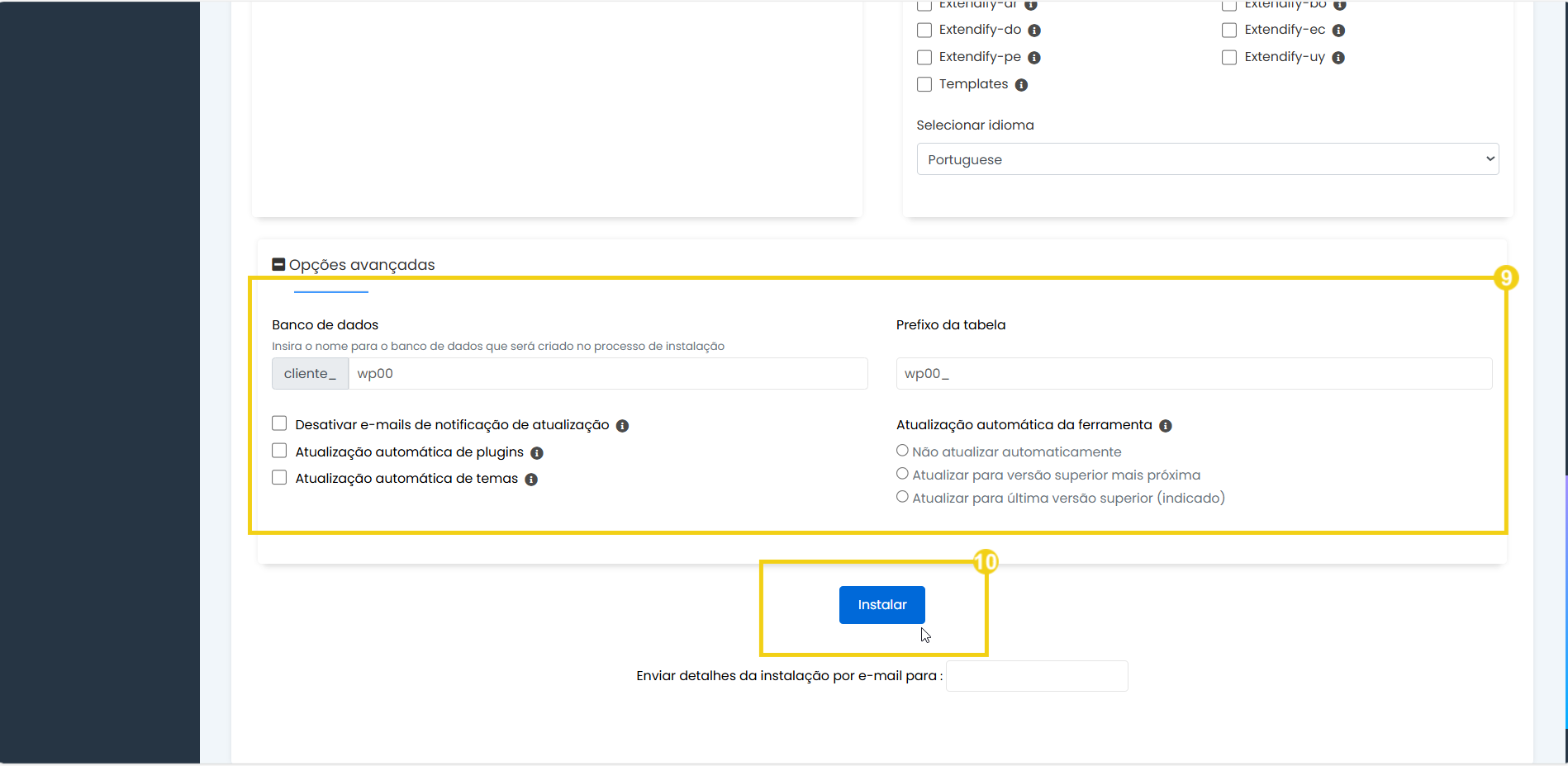 Imagem de configuração de banco de dados em plataforma de instalação de sistema, destacando a área de opções avançadas e o botão de instalação.