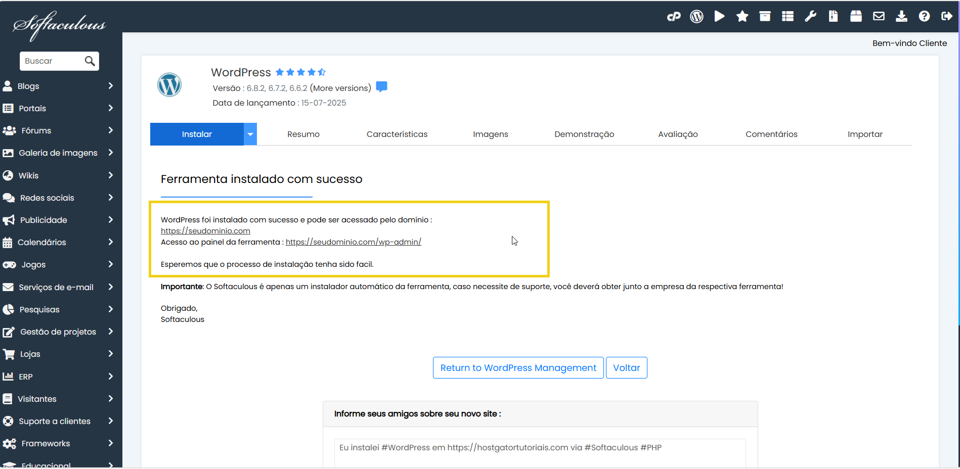 Tela de instalação bem-sucedida do WordPress, mostrando mensagem de confirmação e detalhes de domínio.