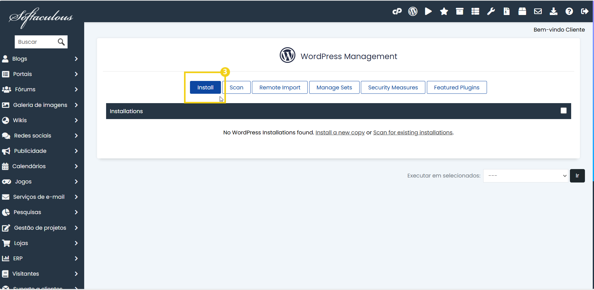 Tela de gerenciamento de WordPress mostrando a opção 'Install' para instalação do sistema em uma plataforma de gerenciamento de sites.