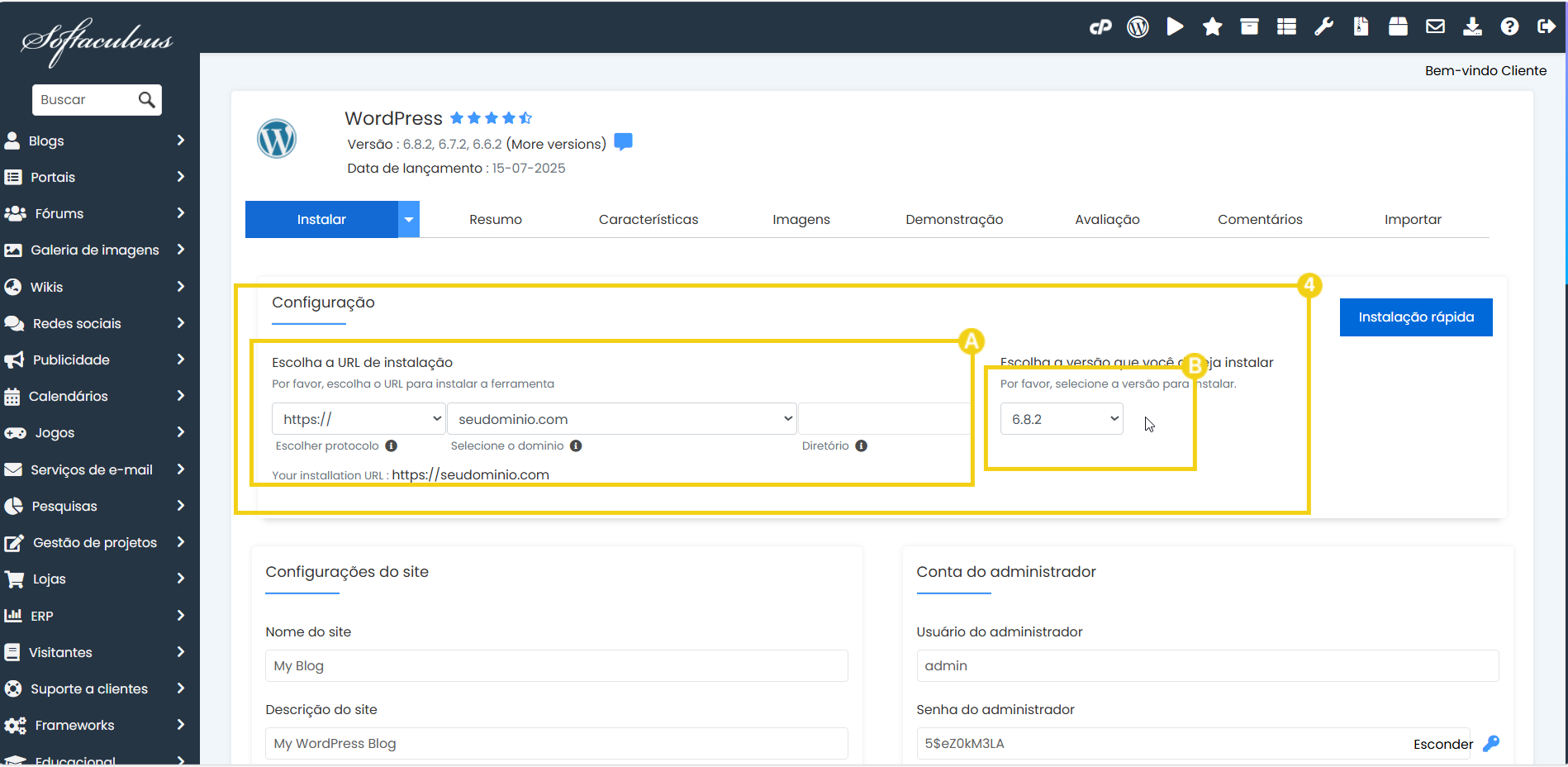 Imagem do painel de configurações do WordPress, mostrando opções de instalação rápida, escolha de versão e configuração do site