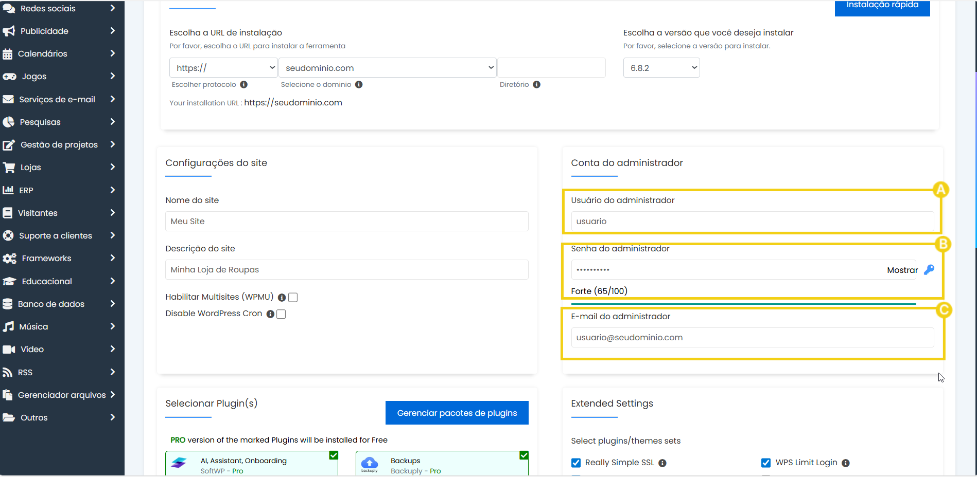 Tela de configuração do site para instalação de plugins e gerenciamento de conteúdo no WordPress, com destaque para informações de login do administrador.