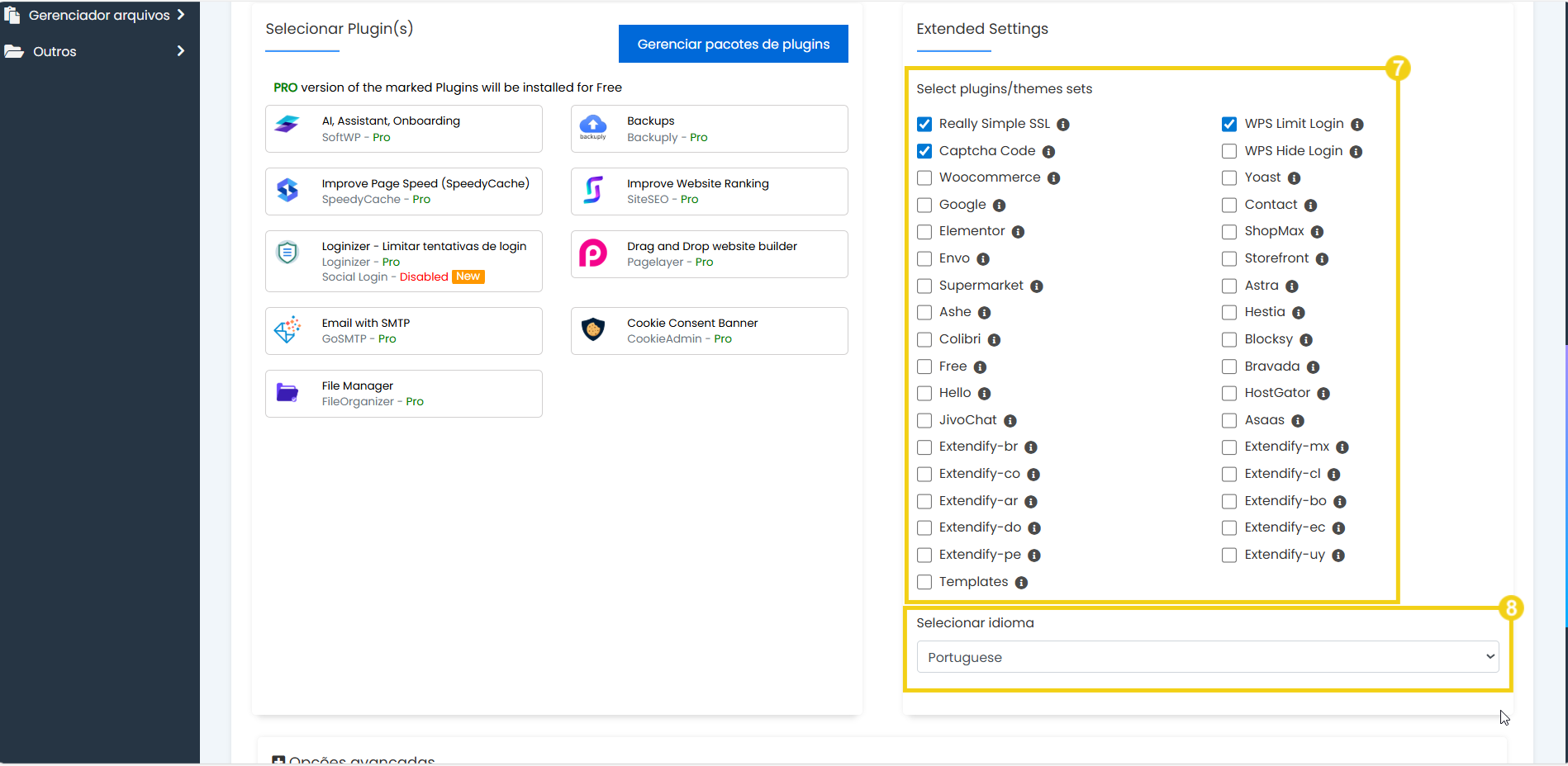 Imagem de configuração de plugins no sistema de gerenciamento de conteúdo, incluindo opções como ReCaptcha, WooCommerce, Yoast e Elementor, com seleção de idioma em português.