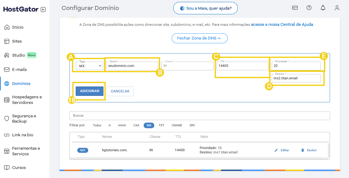 Configuração de domínio no HostGator mostrando a criação de uma zona DNS para o domínio seudominio.com com detalhes técnicos.