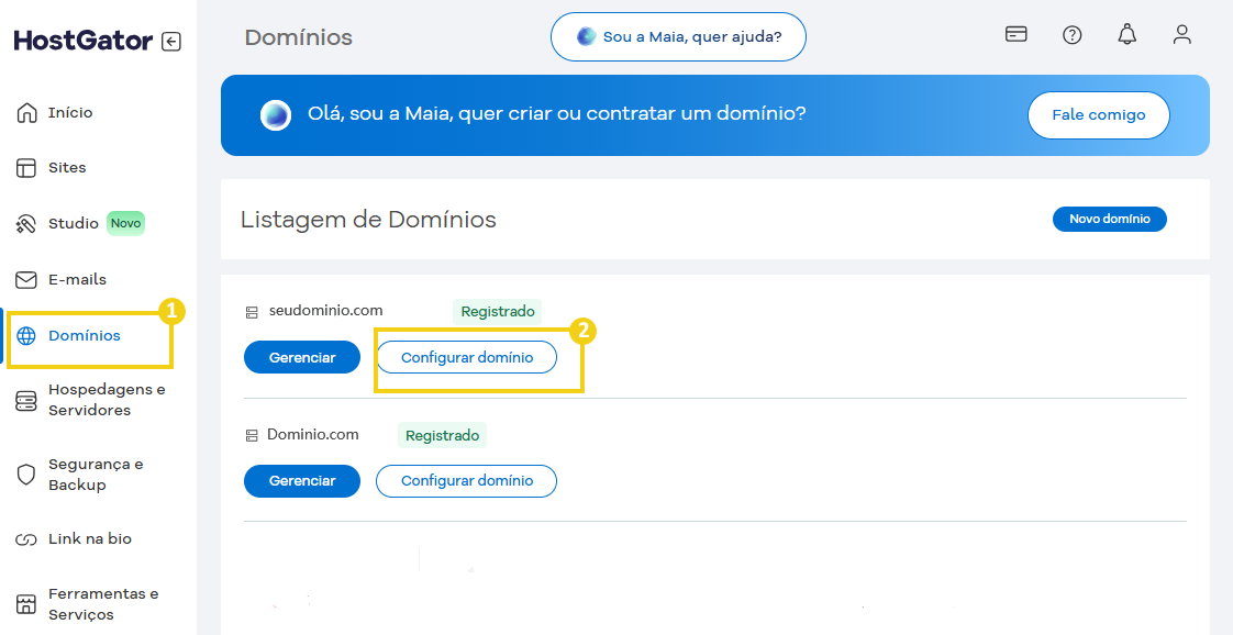 Tela de gerenciamento de domínios no painel do HostGator, mostrando opções de configuração de domínio e lista de domínios registrados.