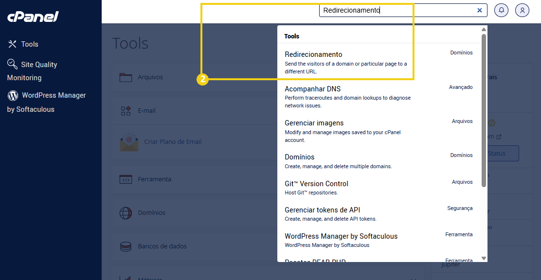 Imagem mostrando a ferramenta de redirecionamento no painel do cPanel, destacando a busca pela opção 'Redirecionamento' na aba de ferramentas, importante para gerenciar links e URLs.