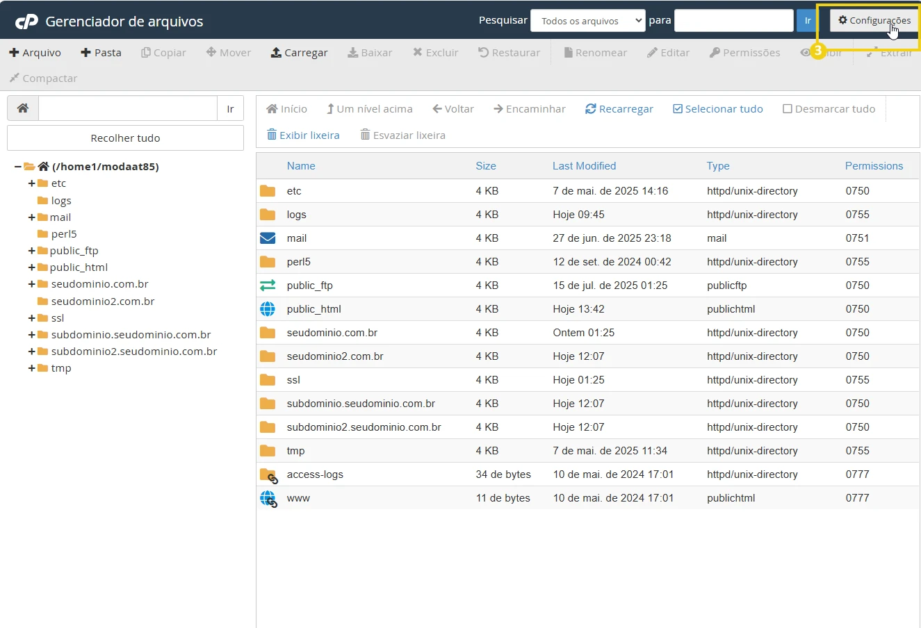 Captura de tela do painel de gerenciamento de arquivos de um servidor, mostrando pastas e subpastas organizadas, essenciais para a administração de armazenamento digital com destaque para a opção configurações